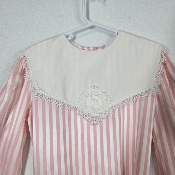 VTG Bonnie Jean Satin Dress Sz 8 Pink White Striped Long Sleeve Collar Lace - Picture 2 of 14